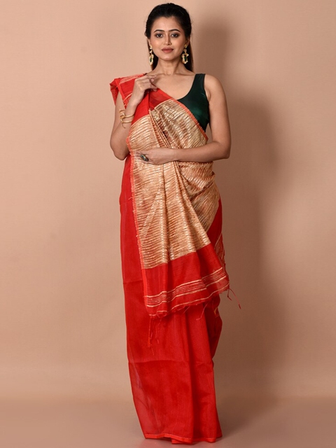 

AllSilks Red & Gold-Toned Woven Design Zari Silk Cotton Saree