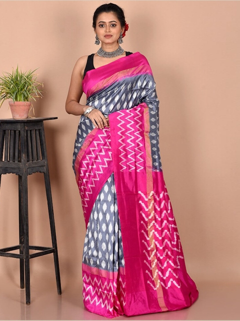 

AllSilks Pink & Grey Zari Pure Silk Pochampally Saree