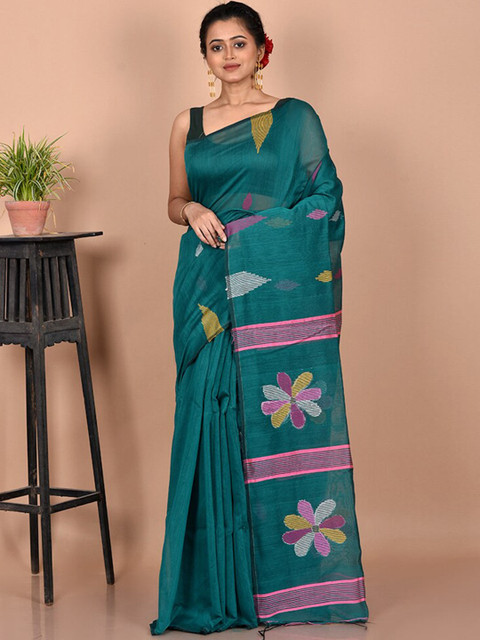 

AllSilks Green & Pink Woven Design Silk Cotton Saree