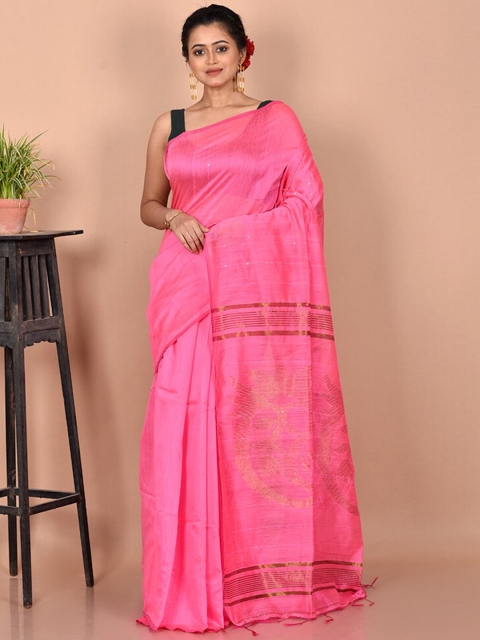 

AllSilks Pink & Gold-Toned Woven Design Zari Silk Cotton Saree