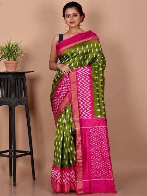 

AllSilks Green & Pink Ethnic Motifs Pure Silk Pochampally Saree