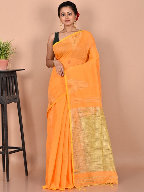 

AllSilks Orange & Gold-Toned Woven Design Silk Cotton Saree