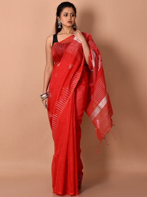 

AllSilks Red & Silver-Toned Woven Design Silk Cotton Saree
