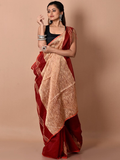 

AllSilks Maroon & Beige Woven Design Zari Silk Cotton Saree