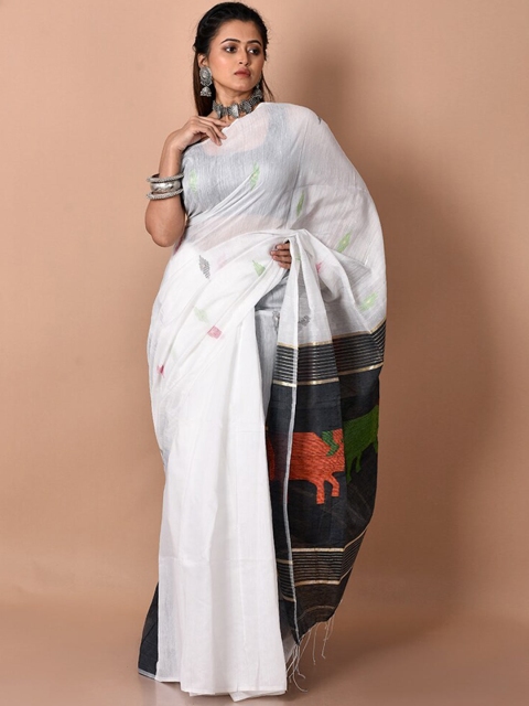 

AllSilks White & Black Woven Design Zari Silk Cotton Saree