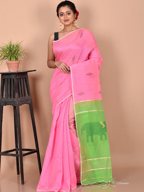

AllSilks Pink & Green Woven Design Silk Cotton Saree