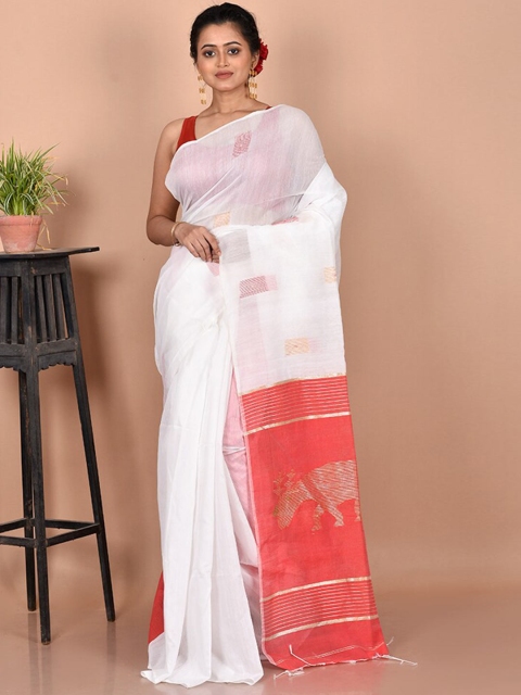 

AllSilks White & Red Woven Design Silk Cotton Saree