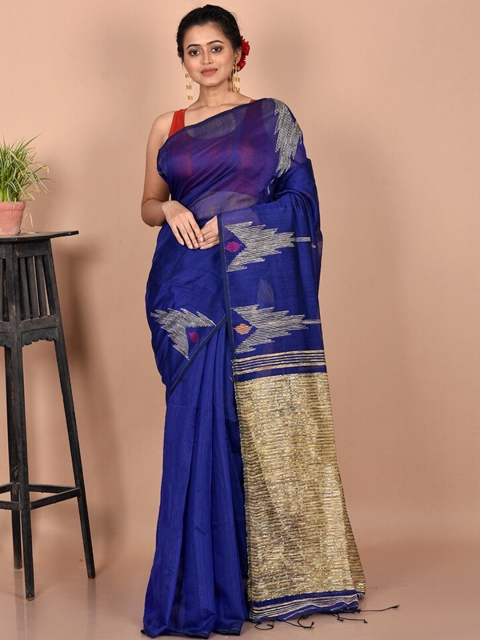 

AllSilks Blue & Gold-Toned Woven Design Silk Cotton Saree