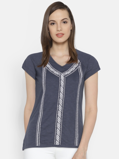 

Lee Cooper Women Blue Printed V-Neck Pure Cotton T-shirt