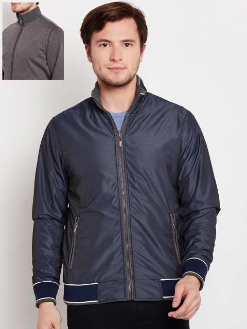 

Peter England Casuals Men Blue & Grey Striped Reversible Bomber Jacket