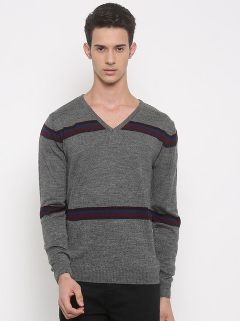 

Peter England Casuals Men Grey Melange Striped Sweater