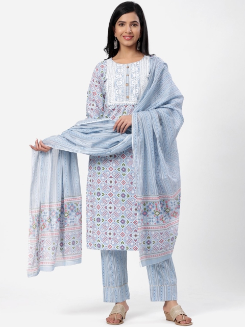 

SBR BABA KURTI Women Blue Ethnic Motifs Pure Cotton Kurta with Trousers & With Dupatta