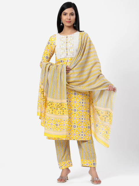 

SBR BABA KURTI Women Yellow Ethnic Motifs Pure Cotton Kurta with Trousers & With Dupatta