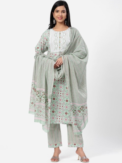 

SBR BABA KURTI Women Green Ethnic Motifs Pure Cotton Kurta with Trousers & With Dupatta