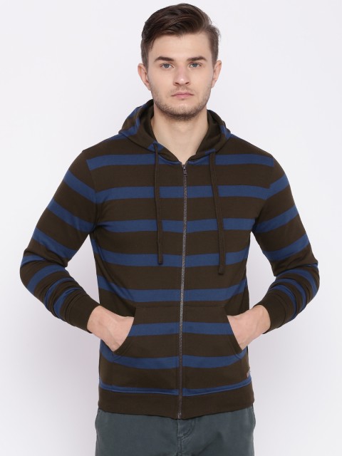 

Peter England Casuals Men Brown & Blue Striped Hooded Sweatshirt