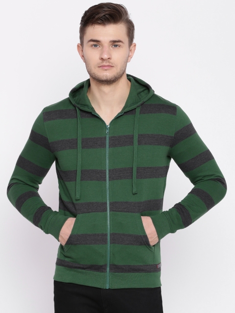 

Peter England Casuals Men Green & Charcoal Grey Striped Hooded Sweatshirt