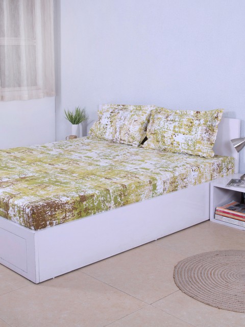 

House This Green & Beige Cotton 210 TC Fine Double Bedsheet with 2 Pillow Covers