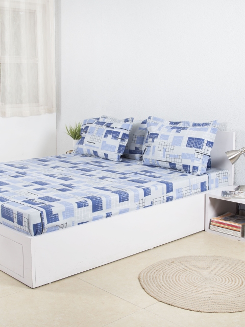 

House This Blue Cotton 210 TC Fine Double Bedsheet with 4 Pillow Covers