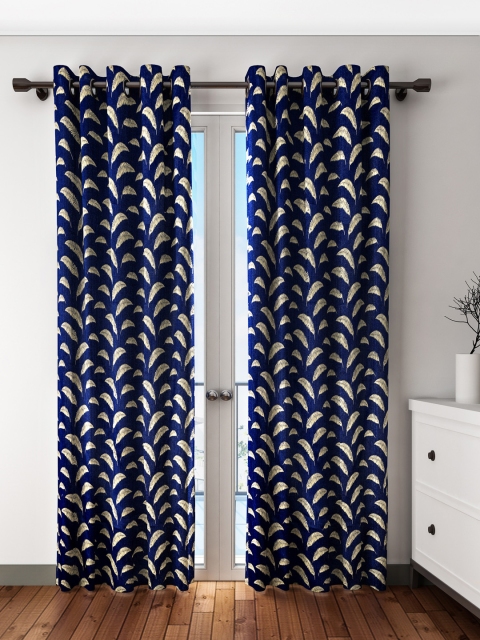 

S9home by Seasons Navy & Gold-Toned Set of 2 Printed Room Darkening Door Curtains, Navy blue