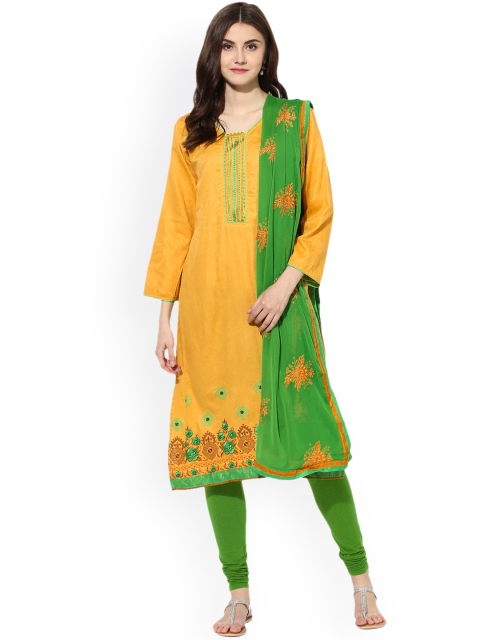 

Saree mall Yellow & Green Cotton Blend Embroidered Unstitched Dress Material