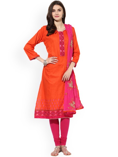 

Saree mall Orange & Pink Cotton Blend Embroidered Unstitched Dress Material