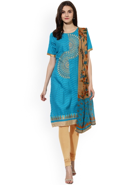

Saree mall Blue & Beige Cotton Blend Embroidered Unstitched Dress Material