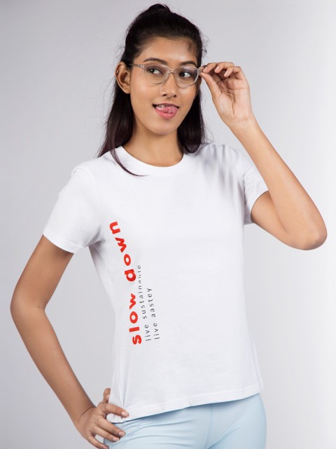 

aastey Women White Typography Printed Organic Cotton T-shirt