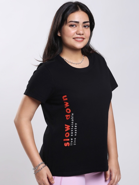 

aastey Women Black Typography Printed Organic Cotton T-shirt