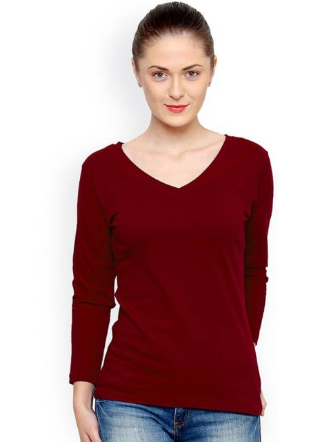 

Trends Tower Women Maroon V-Neck Extended Sleeves Raw Edge T-shirt