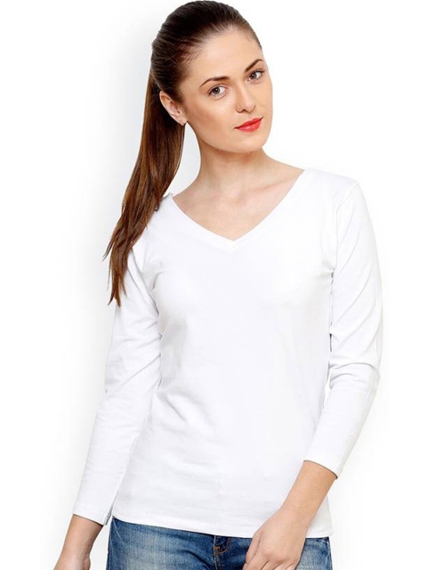 

Trends Tower Women White V-Neck Extended Sleeves T-shirt