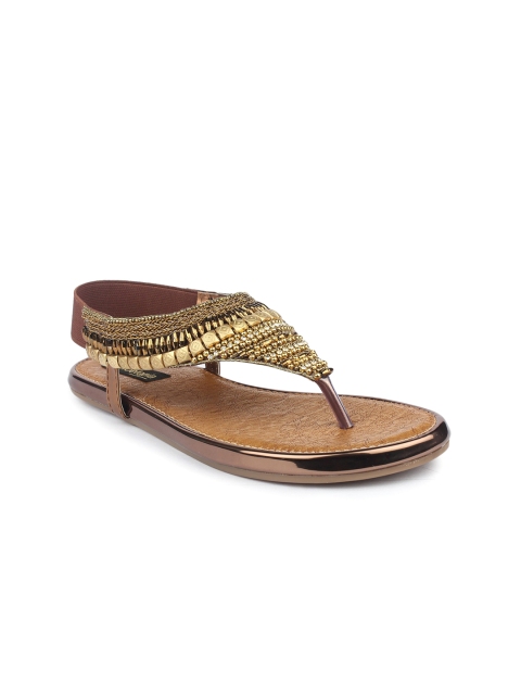 

Shoetopia Women Copper-Toned Solid Embellished Synthetic T-Strap Flats