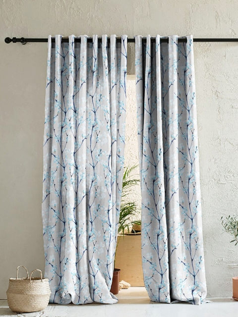 

SPACES White & Blue Set of 2 Floral Room Darkening Door Curtain