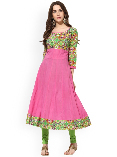

AKS Women Pink & Green Yoke Design Anarkali Kurta