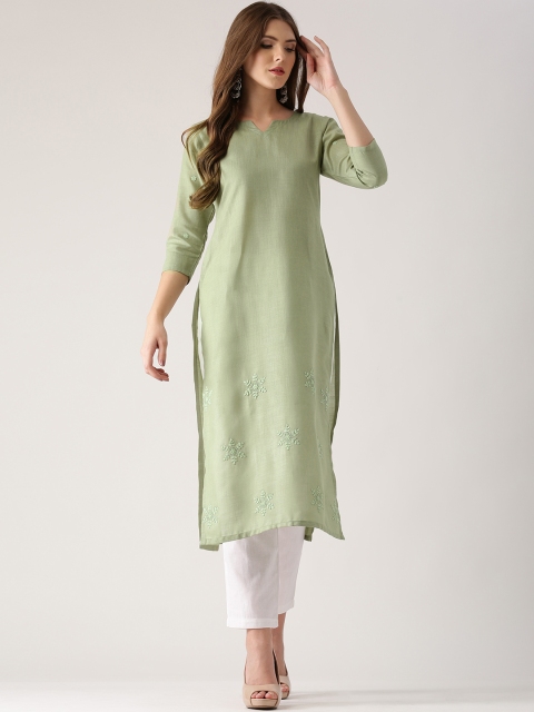 

Libas Women Green Embroidered Straight Kurta