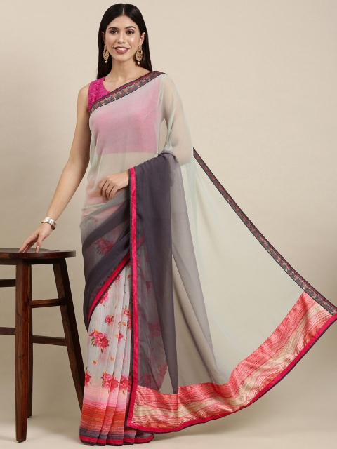 

Zainab chottani Grey & Pink Floral Embroidered Pure Georgette Block Print Saree