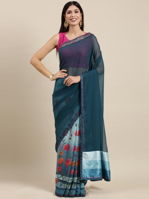 

Zainab chottani Blue & Pink Floral Pure Georgette Block Print Saree