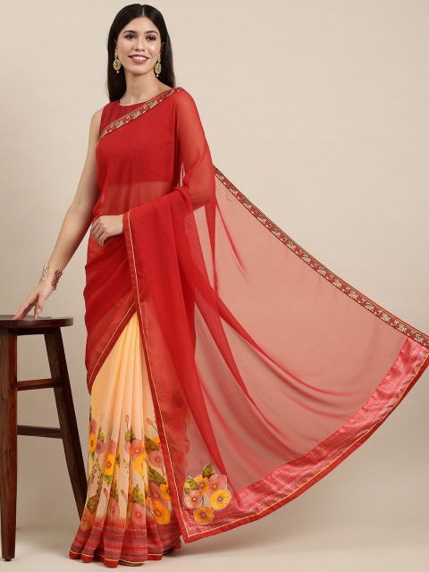 

Zainab chottani Red & Yellow Floral Embroidered Pure Georgette Block Print Saree