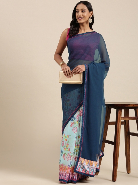 

Zainab chottani Blue & Green Floral Pure Georgette Block Print Saree