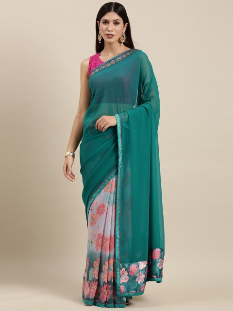 

Zainab chottani Green & White Floral Pure Georgette Block Print Saree