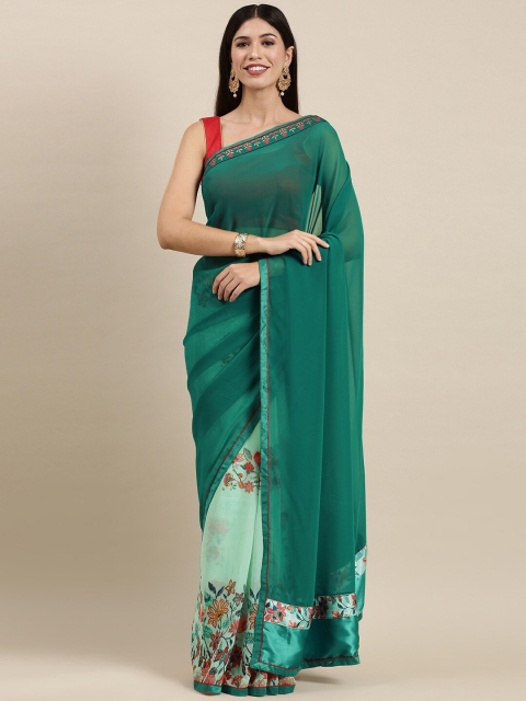 

Zainab chottani Green & Pink Floral Embroidered Pure Georgette Block Print Saree