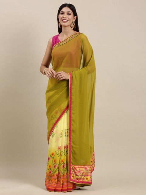 

Zainab chottani Yellow & Green Floral Pure Georgette Block Print Saree