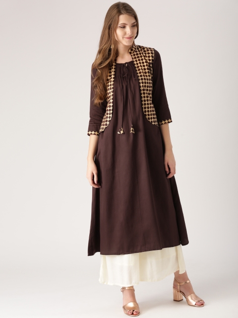 

Libas Women Brown Solid A-Line Kurta with Ethnic Jacket