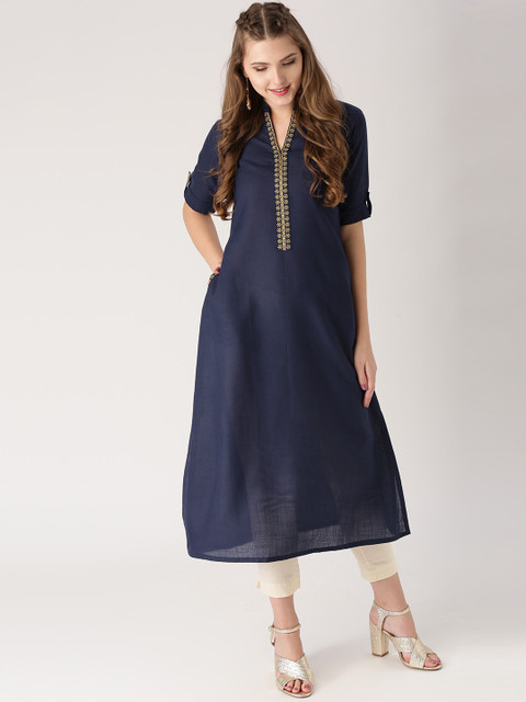 

Libas Women Navy Solid Straight Kurta, Navy blue