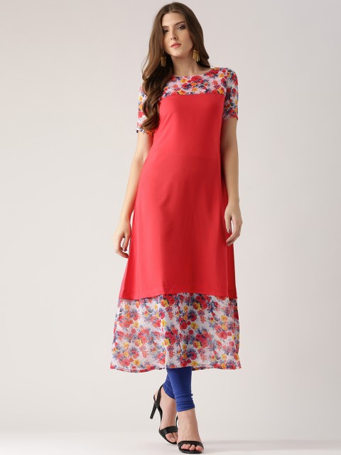 

Libas Women Coral Red Crepe Printed A-Line Kurta