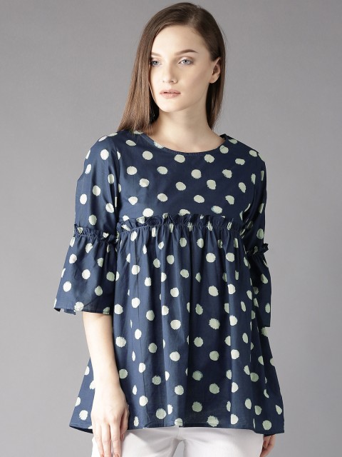 

HERE&NOW Women Navy Polka Dot Print Empire-Line Top, Navy blue