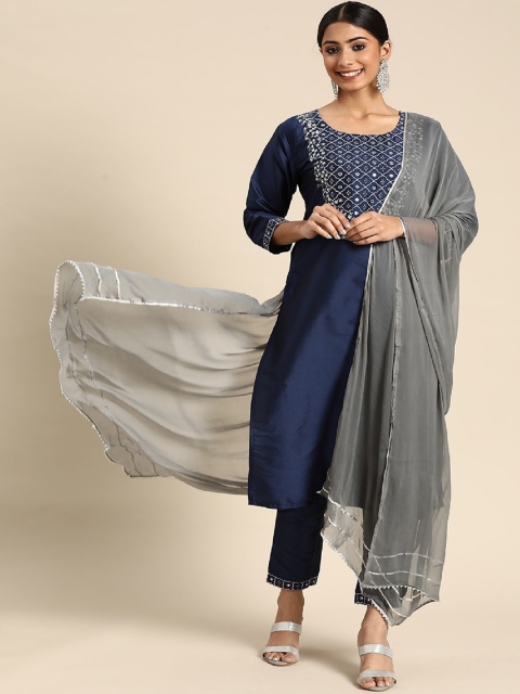 

Lookmark Women Navy Blue Ethnic Motifs Embroidered Kurta with Trousers & With Dupatta