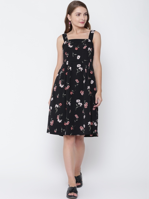 

AND Women Black Floral Print A-Line Dress