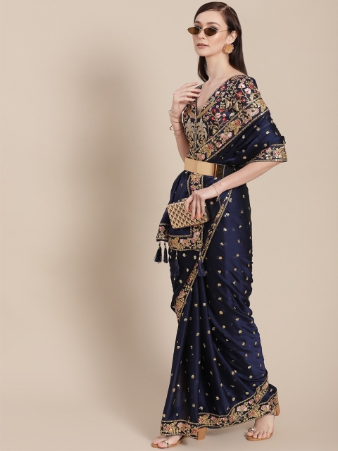 

SHUBHVASTRA Navy Blue & Gold-Toned Embellished Embroidered Art Silk Saree