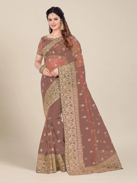 

MS RETAIL Orange & Gold-Toned Floral Embroidered Net Heavy Work Saree
