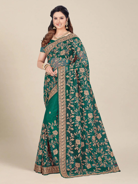 

MS RETAIL Teal Floral Embroidered Net Heavy Work Saree